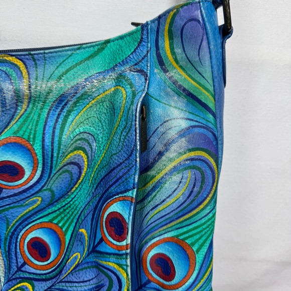 Anuschka Hand-Painted Leather Shoulder Bag Peacock Feathers Blue Green Purse - Picture 7 of 16